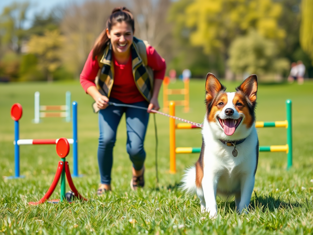 A happy dog and owner training in a sunny park, vibrant green grass, colorful agility obstacles, joyful expressions, clear blue sky.