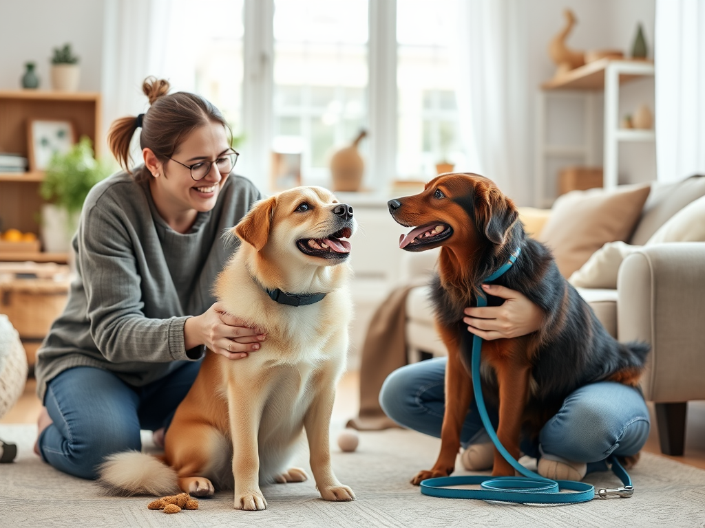 "happy dog owner" "engaging with a well-behaved dog" "bright, cozy living room" "training tools like leash and treats" "positive, calm atmosphere"