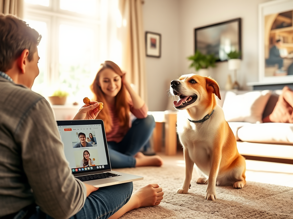 A cozy living room with a person happily training a joyful dog using treats, laptop showing a webinar, warm sunlight streaming through a window.