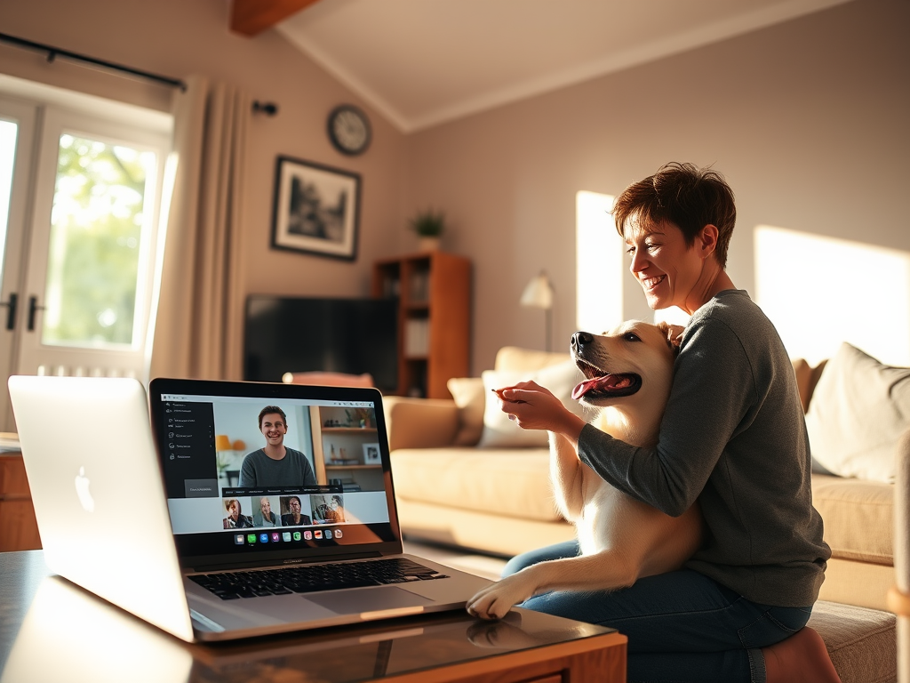 A cozy living room with a person happily training a joyful dog using treats, laptop showing a webinar, warm sunlight streaming through a window.
