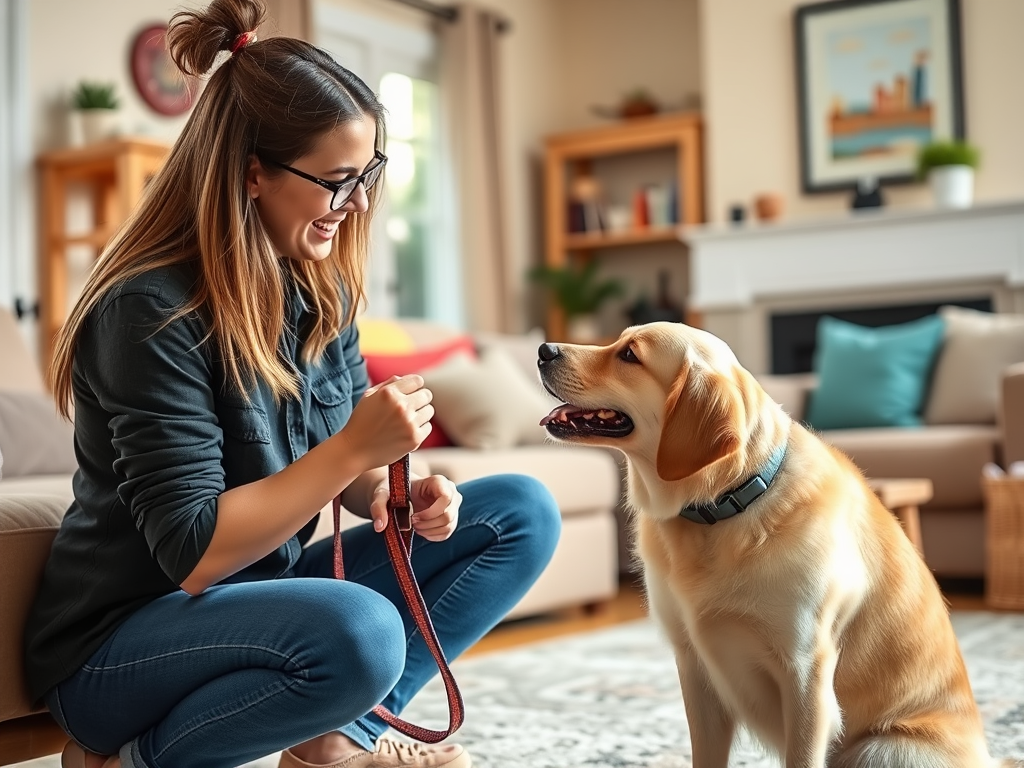 "happy dog owner" "engaging with a well-behaved dog" "bright, cozy living room" "training tools like leash and treats" "positive, calm atmosphere"