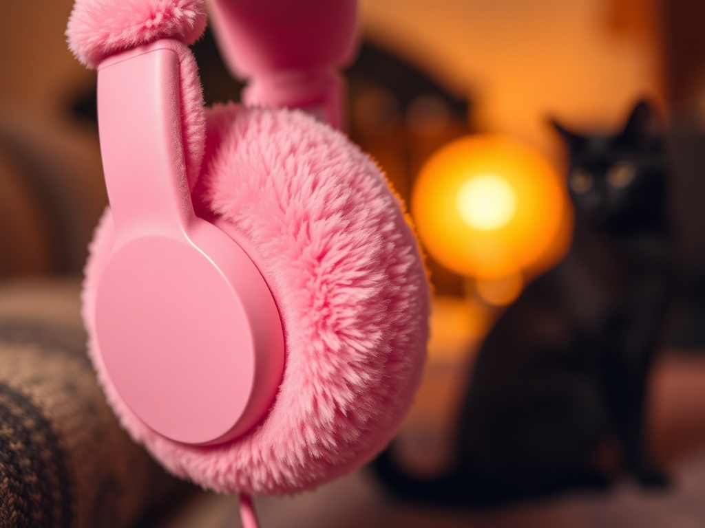 "A close-up of plush pink Koptelefoon headphones with cat-inspired details, soft lighting, cozy home setting, a cat silhouette blurred in the background, warm, inviting colors."