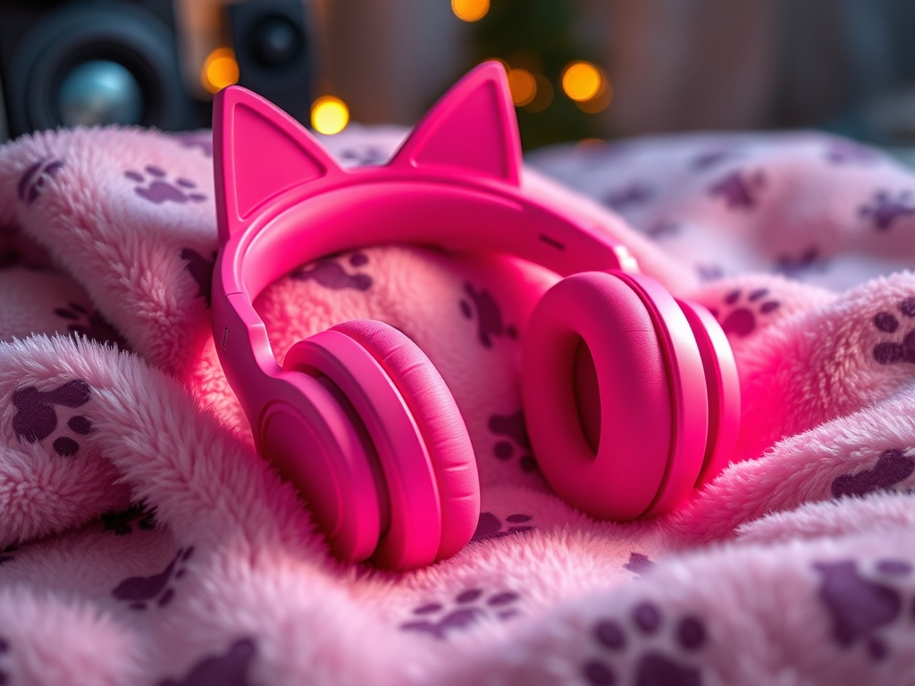 "A vibrant pink headphones resting on a plush cat-themed blanket, cat ears on headband, whisker-etched ear cups, warm ambient light, cozy home studio vibe, subtle paw print details."