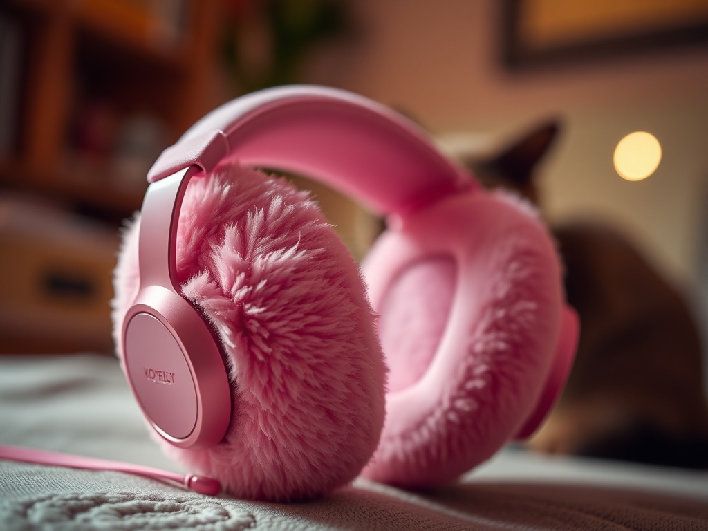 "A close-up of plush pink Koptelefoon headphones with cat-inspired details, soft lighting, cozy home setting, a cat silhouette blurred in the background, warm, inviting colors."