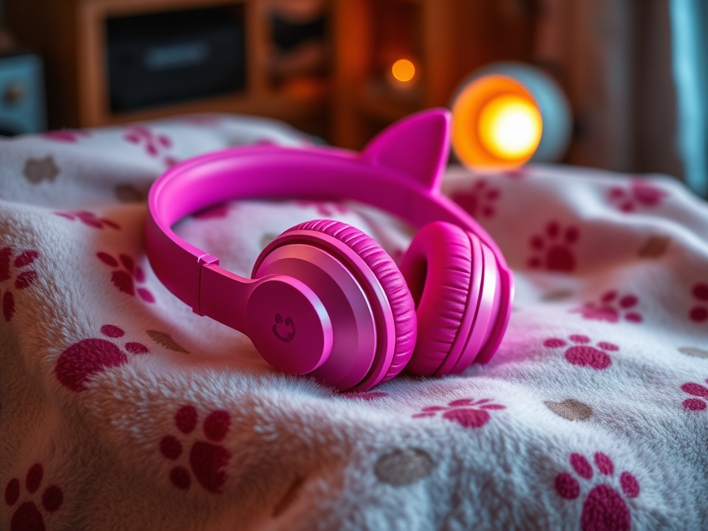 "A vibrant pink headphones resting on a plush cat-themed blanket, cat ears on headband, whisker-etched ear cups, warm ambient light, cozy home studio vibe, subtle paw print details."