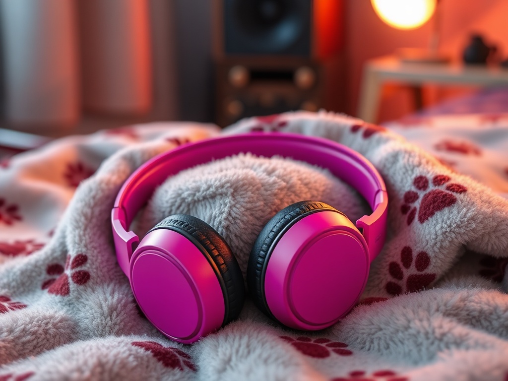 "A vibrant pink headphones resting on a plush cat-themed blanket, cat ears on headband, whisker-etched ear cups, warm ambient light, cozy home studio vibe, subtle paw print details."