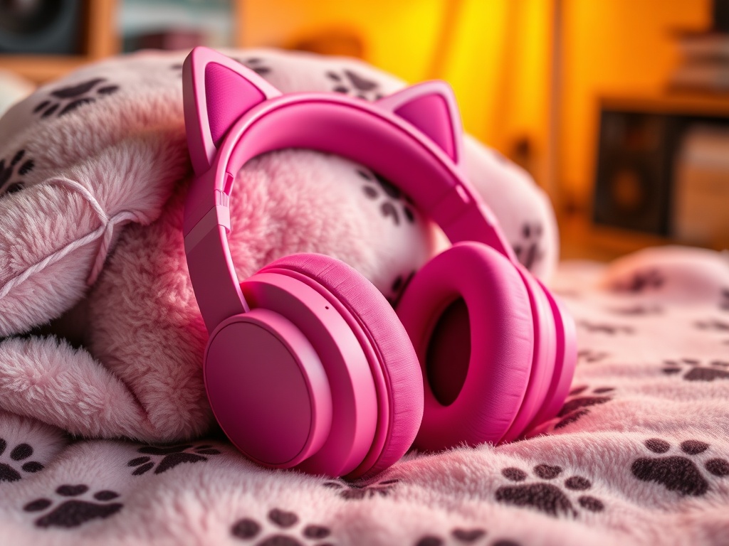 "A vibrant pink headphones resting on a plush cat-themed blanket, cat ears on headband, whisker-etched ear cups, warm ambient light, cozy home studio vibe, subtle paw print details."