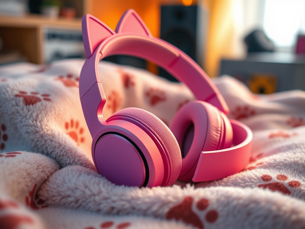 "A vibrant pink headphones resting on a plush cat-themed blanket, cat ears on headband, whisker-etched ear cups, warm ambient light, cozy home studio vibe, subtle paw print details."