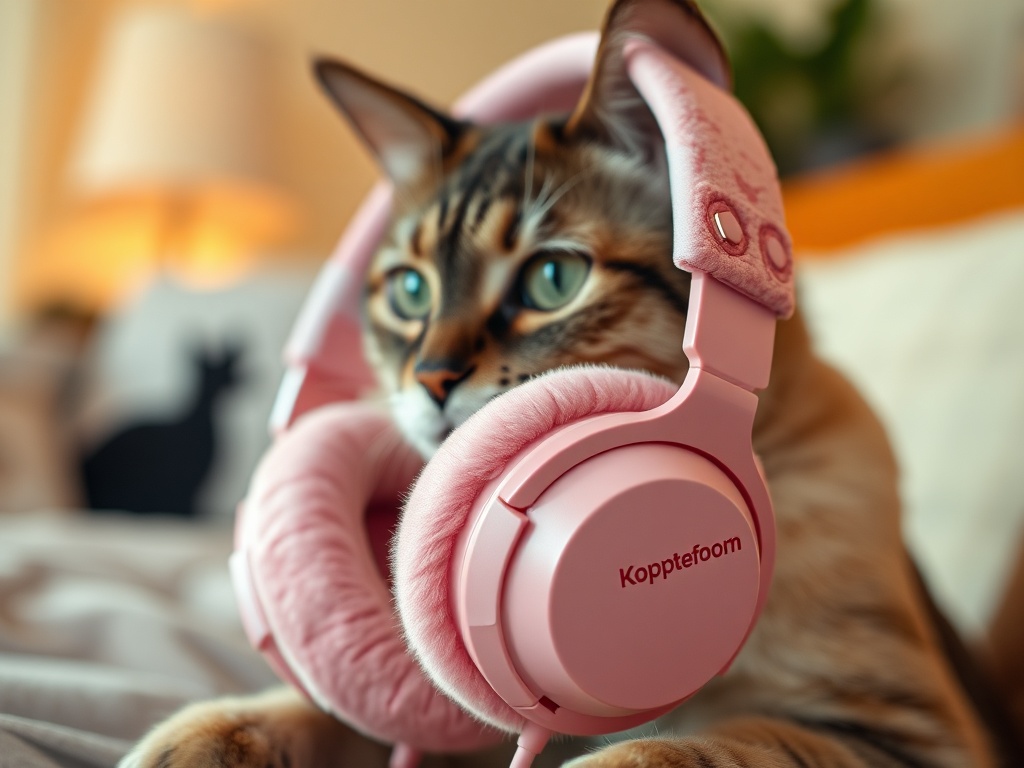 "A close-up of plush pink Koptelefoon headphones with cat-inspired details, soft lighting, cozy home setting, a cat silhouette blurred in the background, warm, inviting colors."