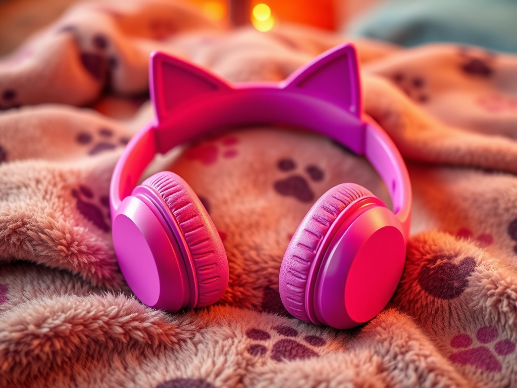 "A vibrant pink headphones resting on a plush cat-themed blanket, cat ears on headband, whisker-etched ear cups, warm ambient light, cozy home studio vibe, subtle paw print details."