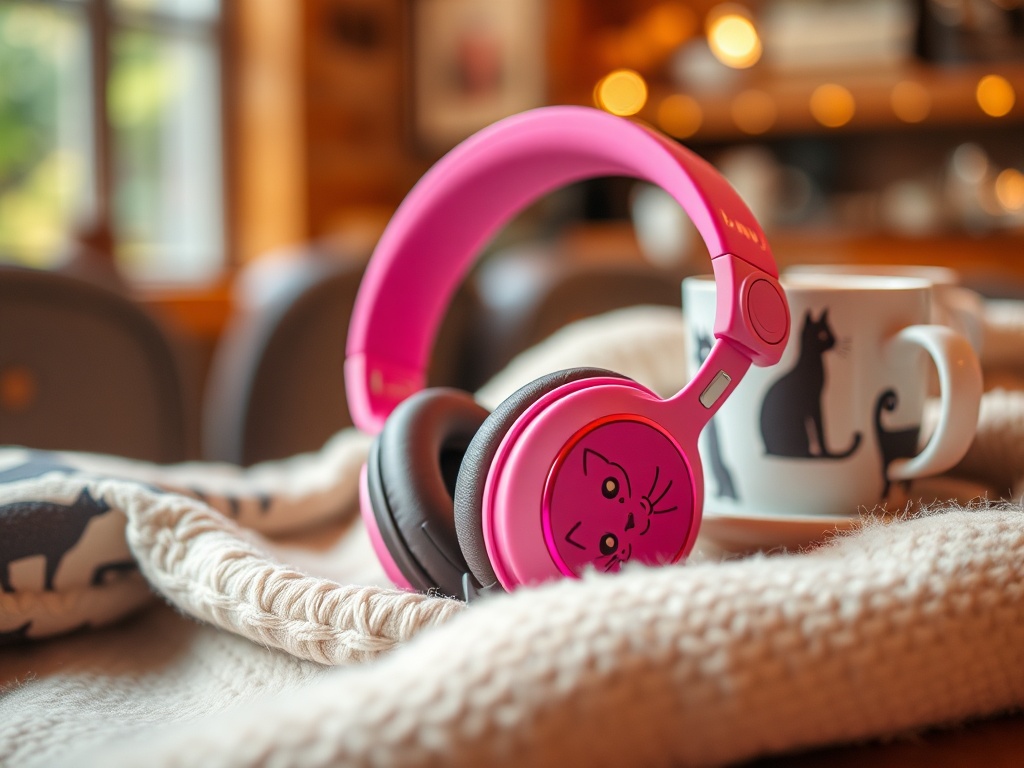 "A vibrant pink cat-loving headphone resting on a soft blanket, cat silhouette motifs, cozy cafe backdrop, warm light, whisker-etched cups, playful yet premium."