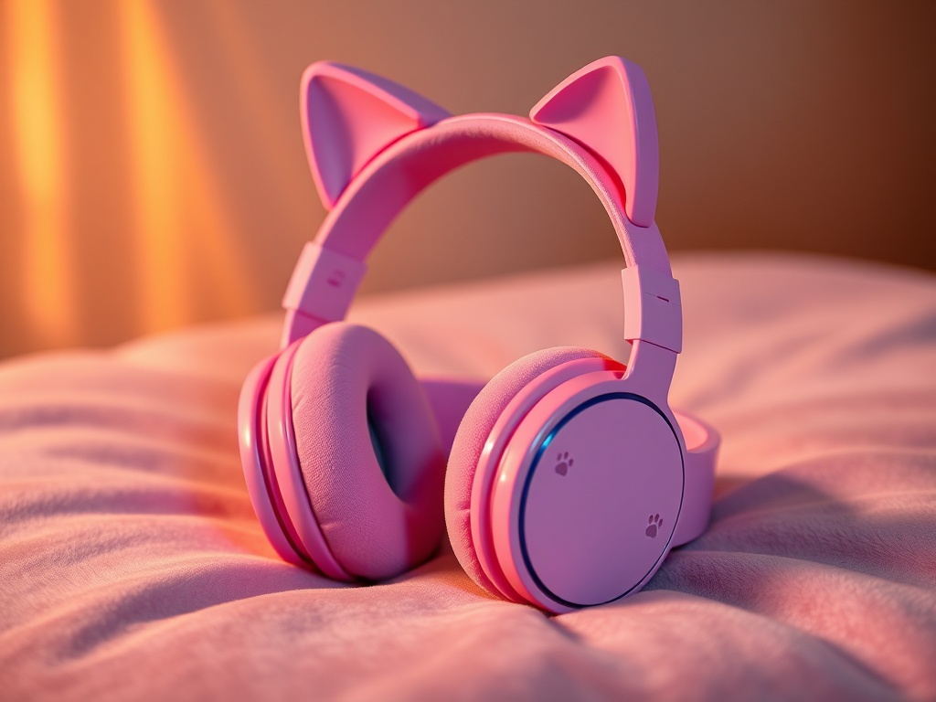 A stylish, pink cat-themed headphones on a soft velvet surface, cat ears shape on headband, whisker-etched ear cups, warm light, cozy vibe, subtle paw print accents.