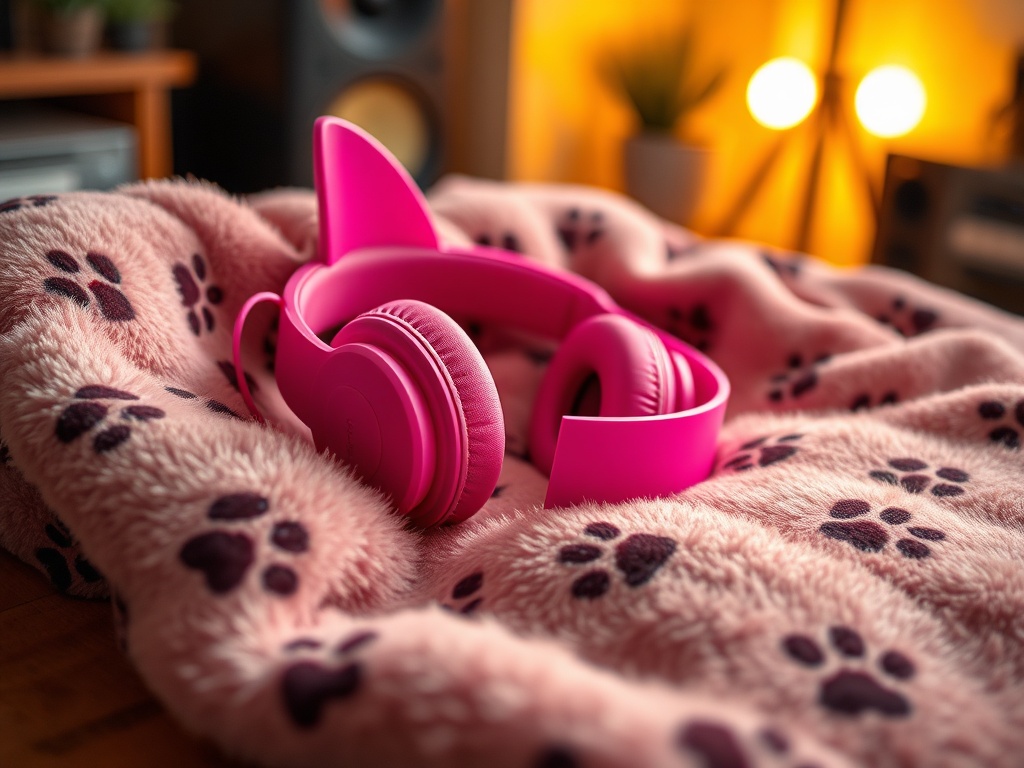 "A vibrant pink headphones resting on a plush cat-themed blanket, cat ears on headband, whisker-etched ear cups, warm ambient light, cozy home studio vibe, subtle paw print details."
