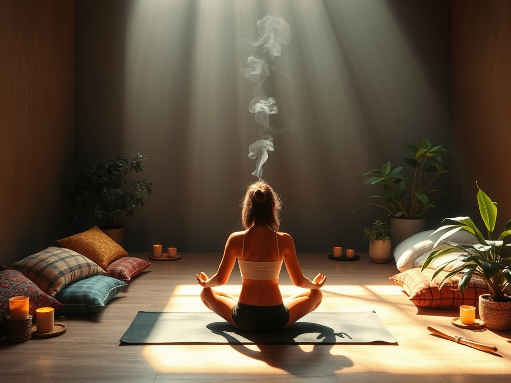 Een rustige meditatieruimte met yoga en natuurlijke elementen.