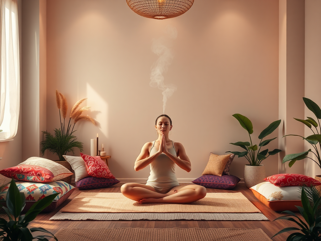 Een serene meditatie ruimte met zachte verlichting en kussens.