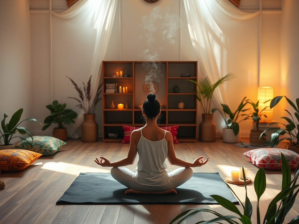 Een serene meditatieruimte met een persoon die yoga beoefent.