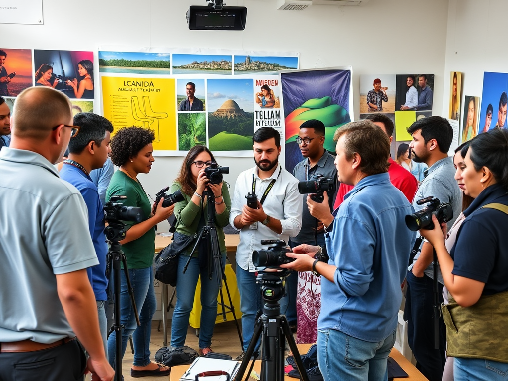 Een levendige workshop met diverse fotografen in gesprek.