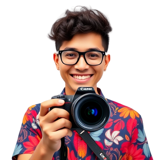 Een persoon die glimlacht met een camera voor een witte achtergrond.