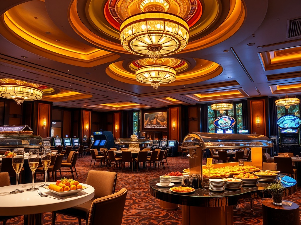 "opulent casino hotel ballroom" "golden ambient lighting" "elegant buffet of gourmet dishes" "champagne flutes" "relaxing lounge seating"