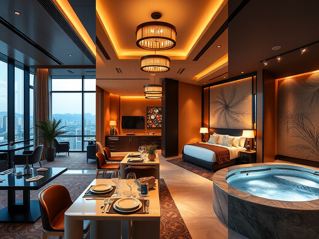 Modern casino hotel lounge, "gourmet dining table", "luxury suite bedroom", and "serene wellness spa" in one seamless split-scene, warm lighting, elegant materials.