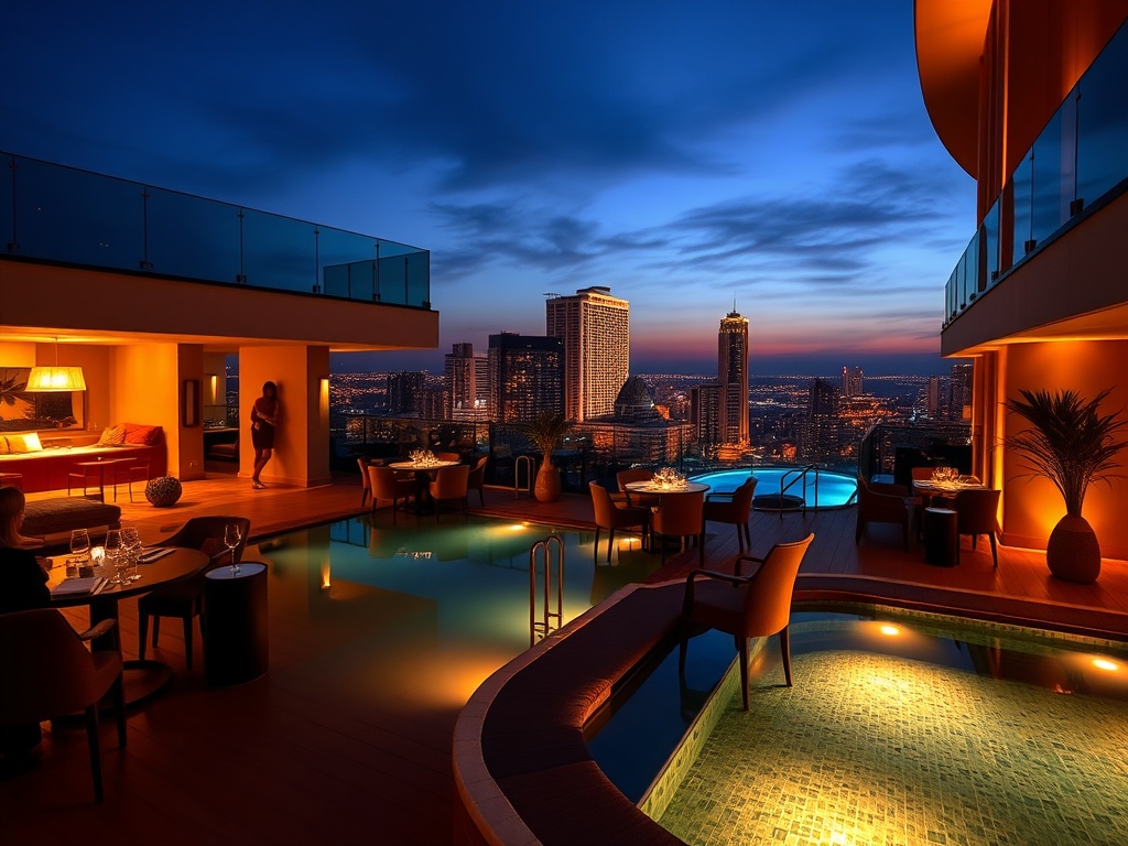 "luxury casino hotel suite balcony" "glowing lounge" "gourmet dining table" "spa wellness pool" "soft golden lighting" "elegant guests silhouettes"