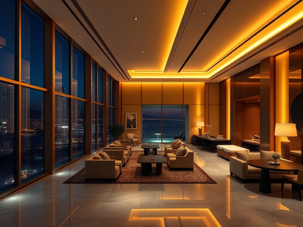 A modern luxury casino hotel hero scene; elegant lobby with warm lighting, plush seating, panoramic night skyline, subtle wellness spa glow, inviting resort atmosphere." "You MUST not include ANY brand images or logos. You may ONLY reply with the format g