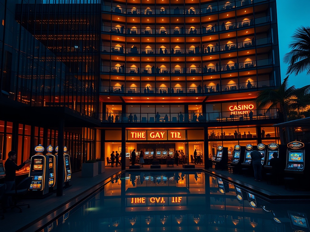 Modern casino hotel resort at dusk, glass façade, warm interior lights, elegant lounge balcony, subtle slot-machine-like ambience, people smiling, pool reflections, cinematic lighting.