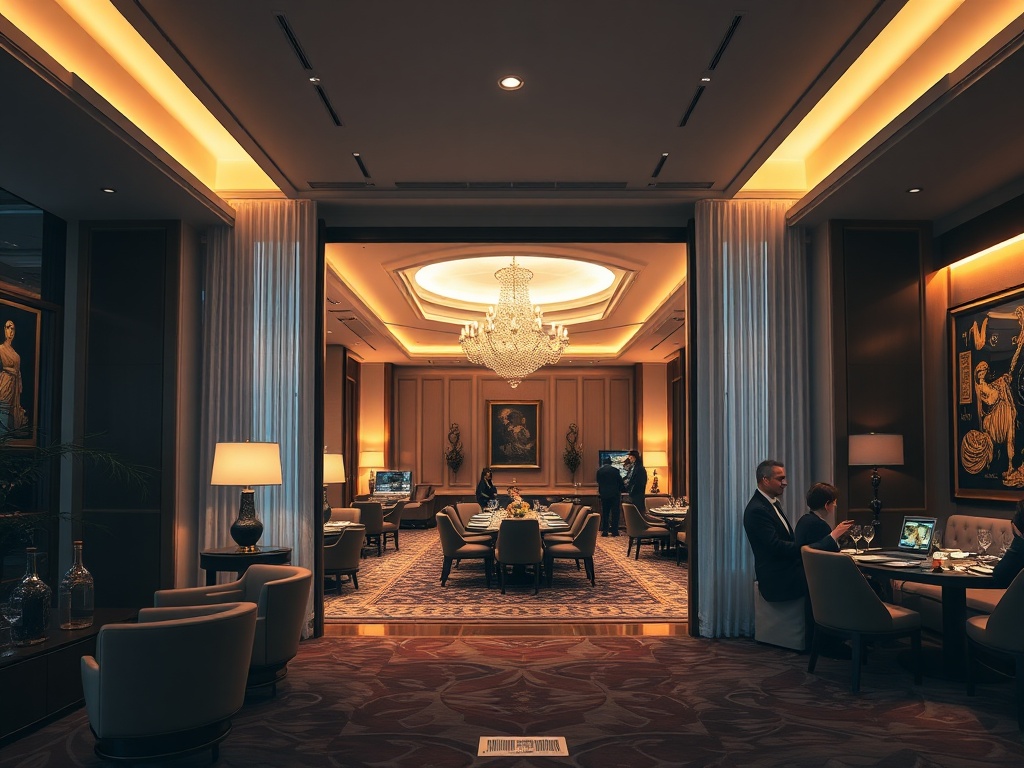 A contemporary luxury casino hotel scene, elegant suite lounge opening to a gourmet dining area, warm ambient lighting, subtle gaming atmosphere, guests relaxing.