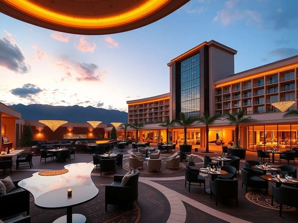 A modern casino hotel resort at dusk with elegant lobby glow, stylish lounge seating, gourmet dining ambience, tranquil wellness spa light, subtle celebratory energy, panoramic.