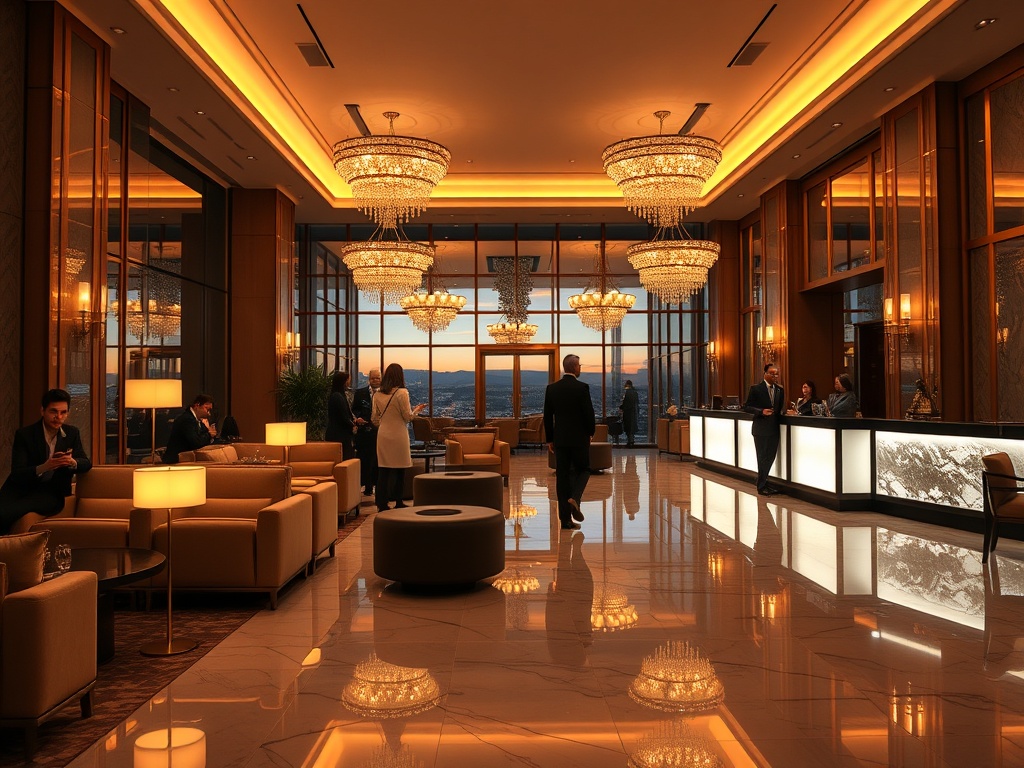 A modern casino hotel lobby lounge at dusk, warm ambient lighting, elegant guests, attentive concierge gesture, polished marble, plush seating, soft reflections." "You MUST not include ANY brand images or logos. You may ONLY reply with the format given. I