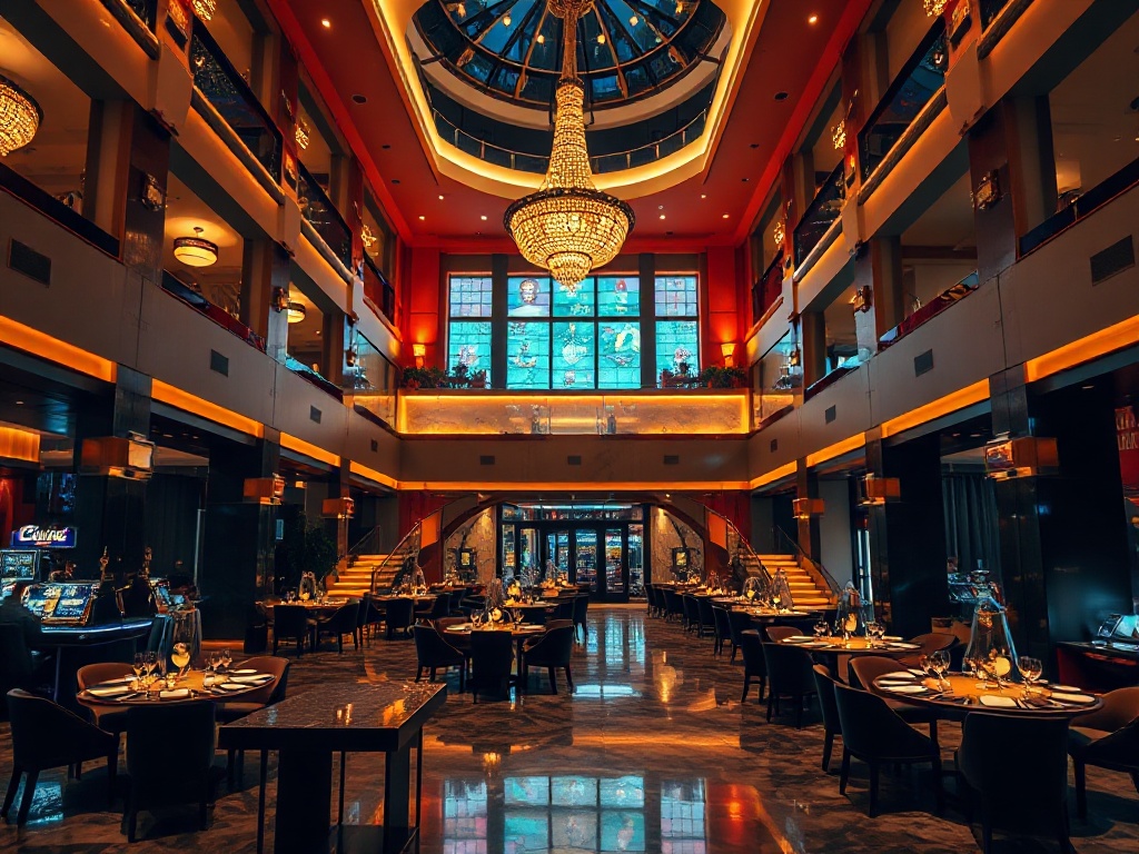 A luxurious casino hotel atrium at night, warm golden lighting, elegant guest suite window view, gourmet dining tables, sleek lounge bar ambiance, subtle entertainment glow, modern leisure area.