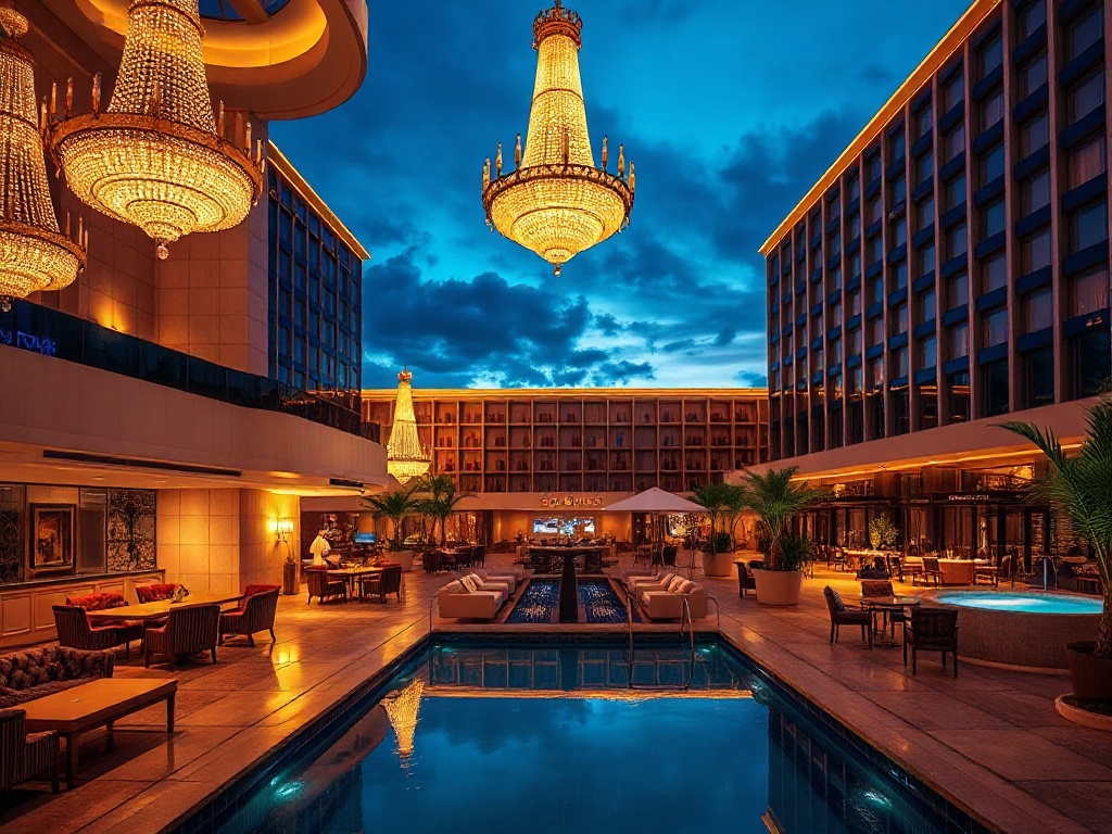 "luxury casino hotel resort at dusk" "glowing chandelier lobby" "golden lights" "overlooked lounge with velvet seating" "serene spa pool" "rainy neon reflections"