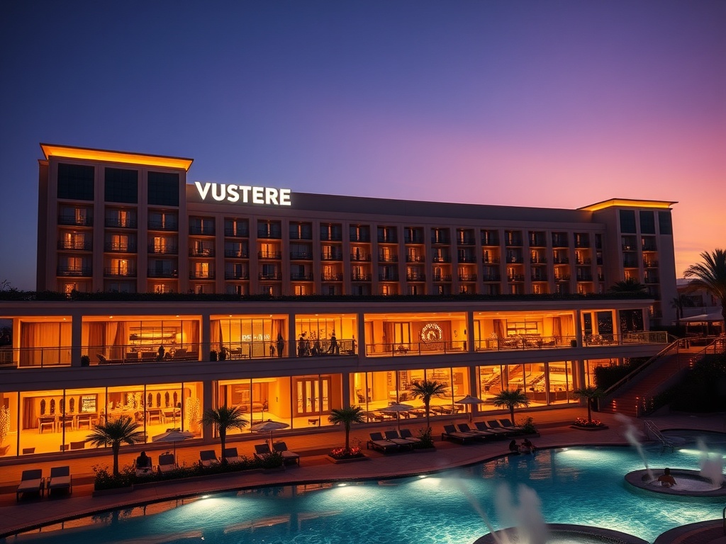 A modern casino hotel resort at twilight, glowing facade, elegant lobby lighting, stylish suite balcony, serene pool and spa steam, people relaxing, cinematic lighting.