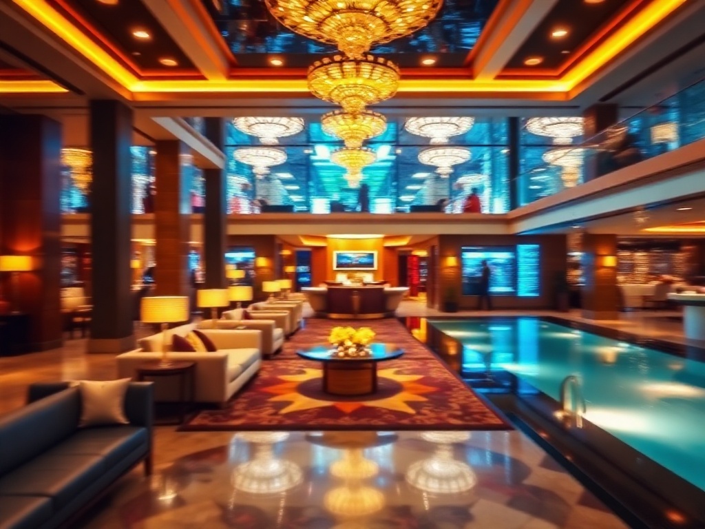 Luminous lobby blending casino lights, elegant lounge sofas, warm gold accents, quiet spa pool view, subtle motion blur.