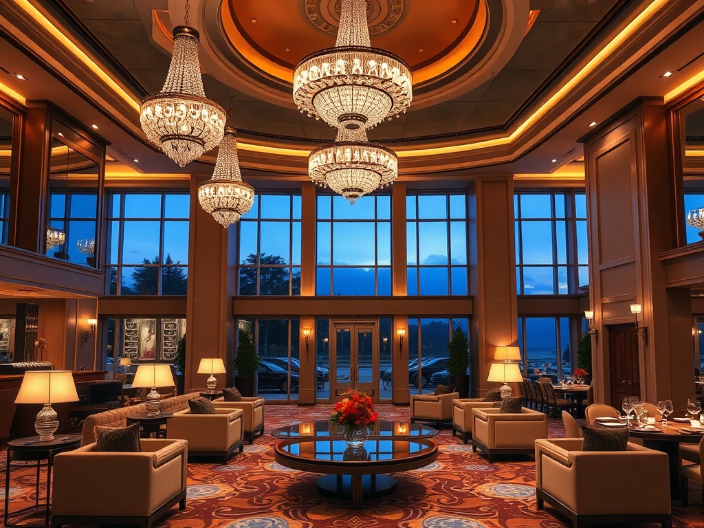 A luxurious casino hotel lobby with elegant chandeliers, plush sofas, warm ambient lighting, a view into serene guest rooms, and gourmet dining ambience, glamorous yet relaxing.