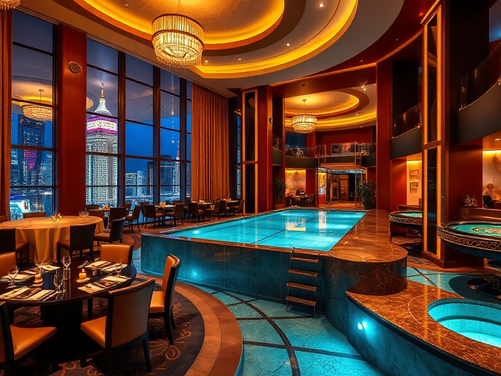 "luxury casino hotel interior lounge" "elegant guest room view" "gourmet dining table" "glowing gaming lights" "modern leisure pool" "attentive concierge silhouette" "warm golden ambiance"