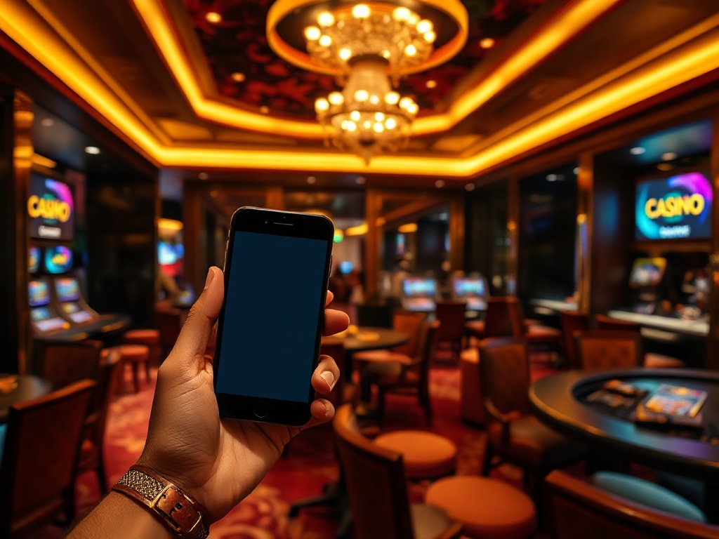 A luxurious casino hotel lounge at night, warm golden lighting, elegant seating, bartender glow; a hand holding a smartphone with blurred screens.