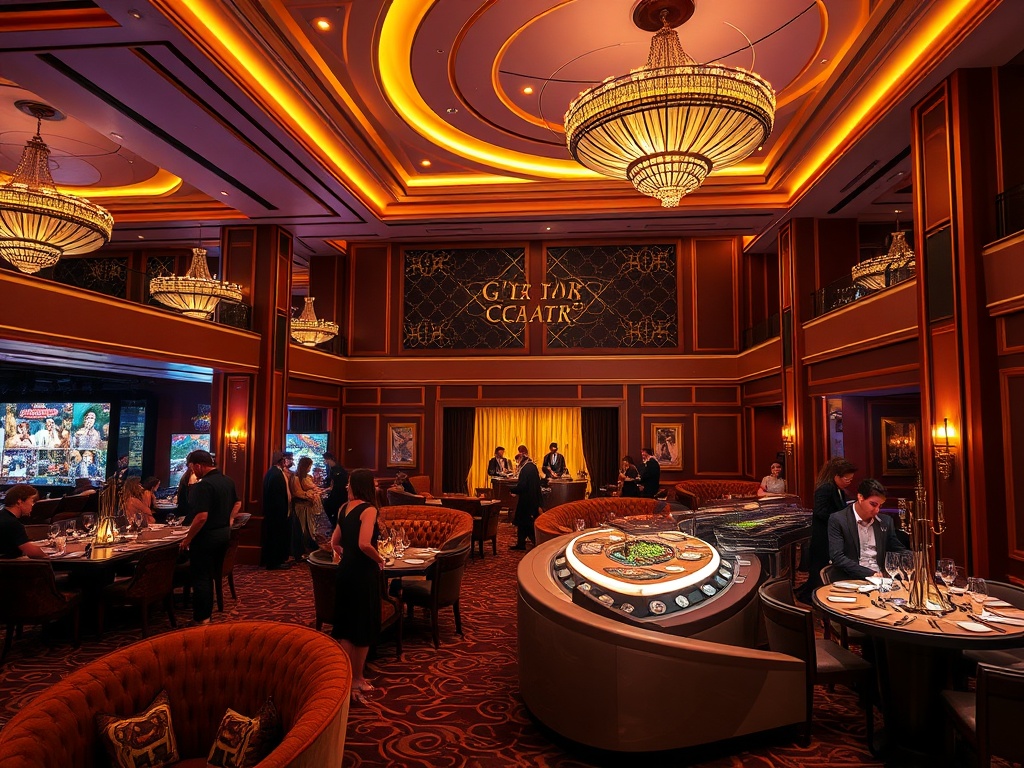 "A glamorous casino hotel event scene, velvet lounges, soft gold lighting, elegant guests mingling, live music stage glow, gourmet buffet, relaxing spa ambience, luxurious atmosphere." "You MUST not include ANY brand images or logos. You may ONLY reply wi