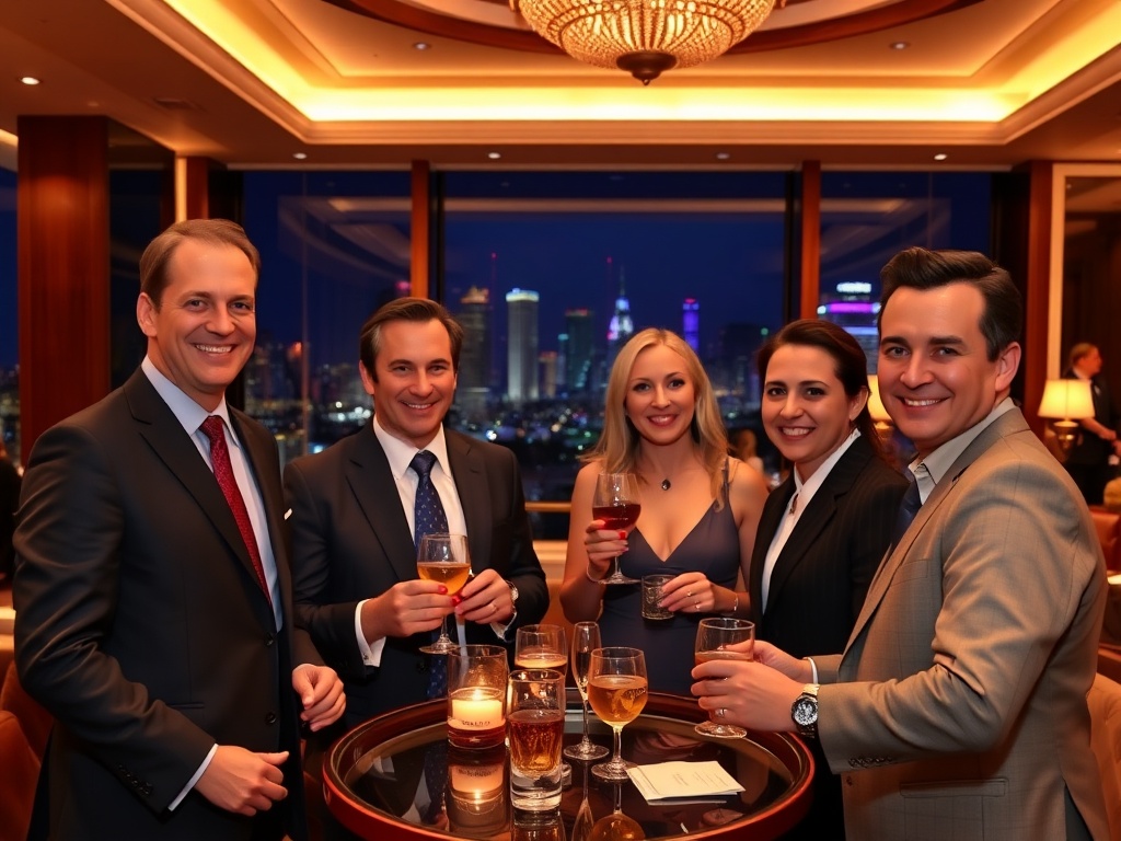 A warm, elegant casino hotel lounge at night; four well-dressed guests smiling; attentive staff presenting refreshments; soft lights, skyline views, lively ambiance.