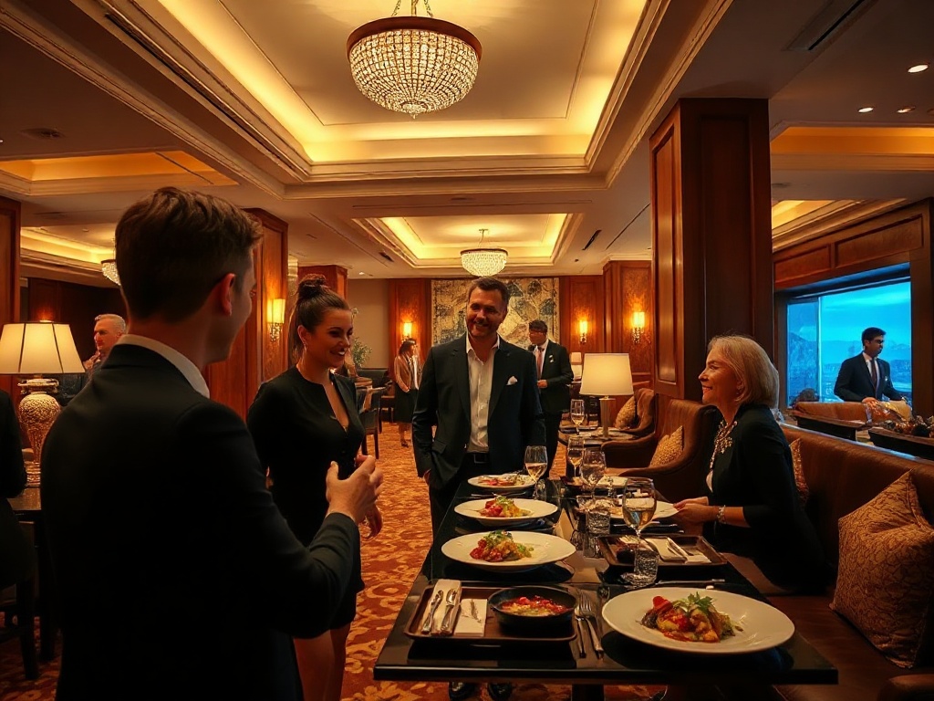 "A warm, elegant casino hotel lounge; smiling guests in stylish attire; soft golden lighting; gourmet plated dishes; cozy suite view; subtle wellness ambiance; inviting luxury." " "You MUST not include ANY brand images or logos. You may ONLY reply with th