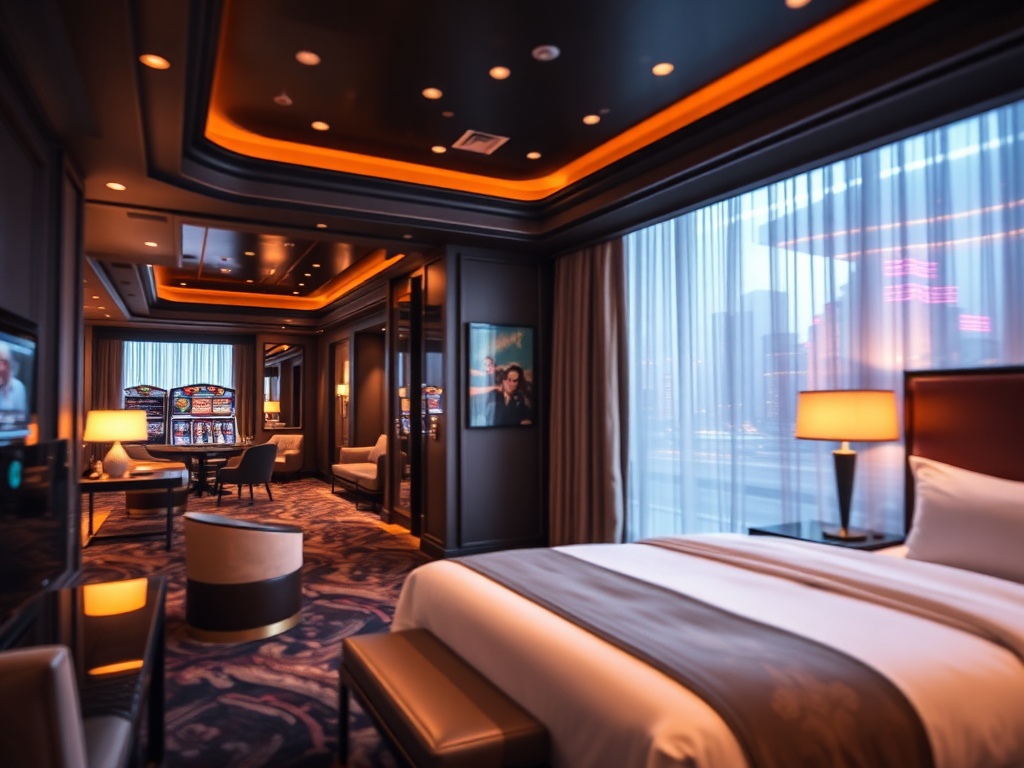 "Luxury casino hotel interior" "elegant suite bedroom with plush bed" "warm ambient lighting" "gourmet dining table" "stylish lounge" "casino lights and soft motion blur" "inviting atmosphere"
