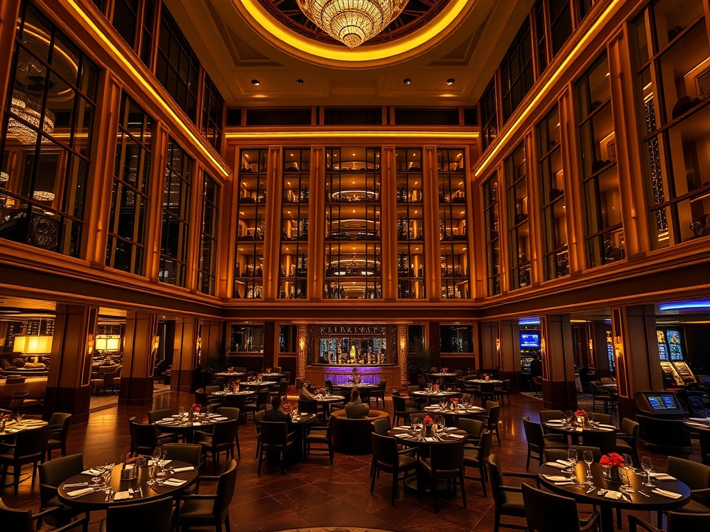A luxurious casino hotel atrium at night, warm golden lighting, elegant guest suite window view, gourmet dining tables, sleek lounge bar ambiance, subtle entertainment glow, modern leisure area.