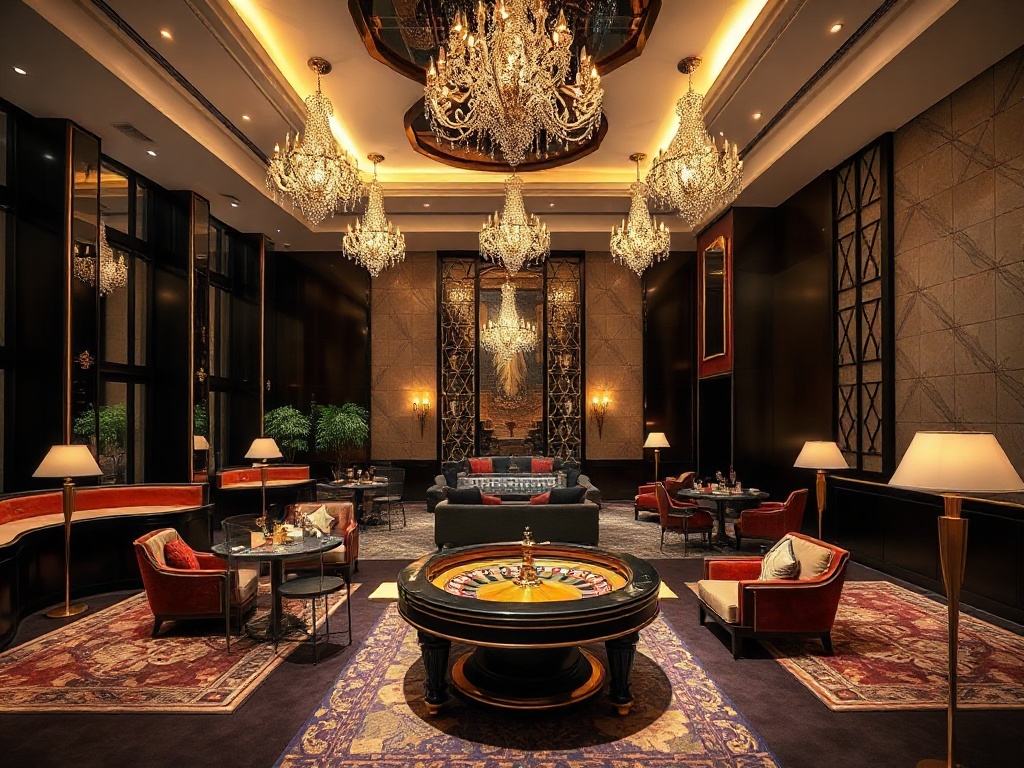 A luxurious casino hotel lobby scene, elegant sofas, warm chandeliers, subtle roulette-table glow, gourmet dining ambiance, modern leisure elements, welcoming concierge. You MAY only use up to 25 words. "You MUST not include ANY brand images or logos. You
