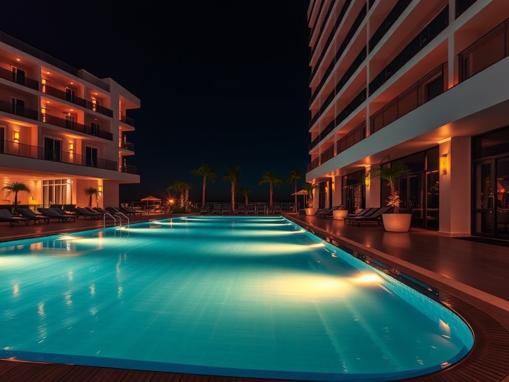 "Modern casino hotel night scene" "warm lighting" "stylish balcony" "glowing pool" "subtle bokeh lights" "inviting resort atmosphere" "for social follow"