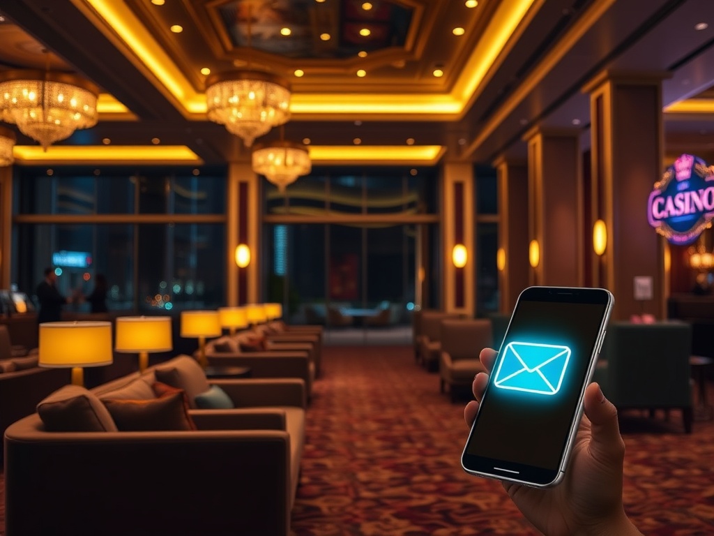 Modern casino hotel lobby at night, warm golden lights, stylish sofa lounge, glowing smartphone and floating envelope icon, welcoming atmosphere, cinematic depth.