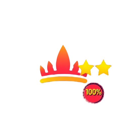 Carefully describe an image with a clean flat design showing a luxury casino hotel and “100%” satisfaction concept using only symbols—center a stylized “hotel crown” silhouette, add three glowing “stars check” symbols to the right, and a sub