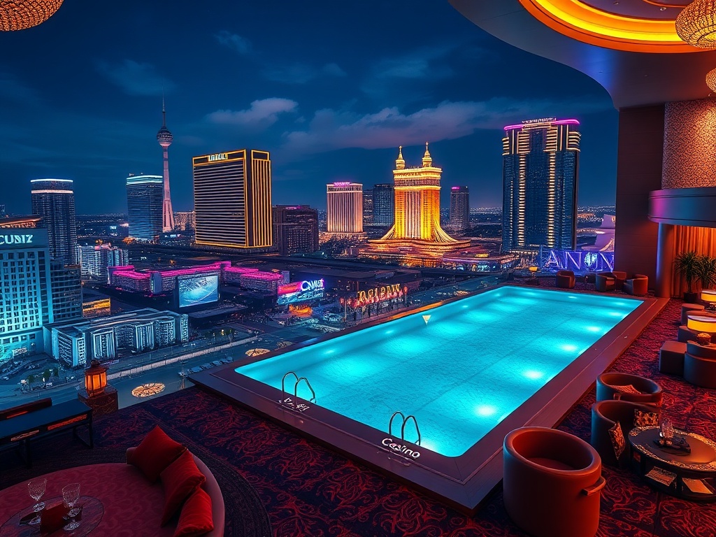 Luxurious casino hotel scene merging elegant guest room, glowing nightlife, velvet lounge, sparkling pool, attentive concierge, modern skyline, cinematic lighting, ultra-realistic.