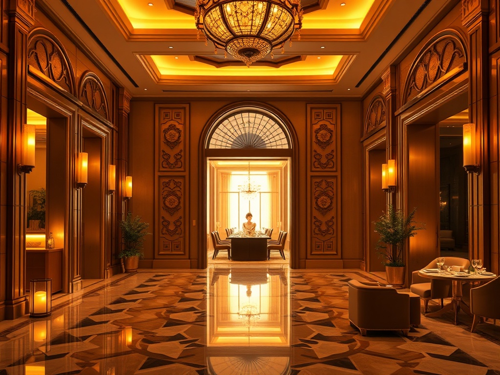 "Luxurious casino hotel lobby with elegant suite doorways, warm candlelight, serene spa steam glow, gourmet healthy plated cuisine, subtle golden ambience, guests arriving."  

You MUST not include ANY brand images or logos. You may ONLY reply with the fo