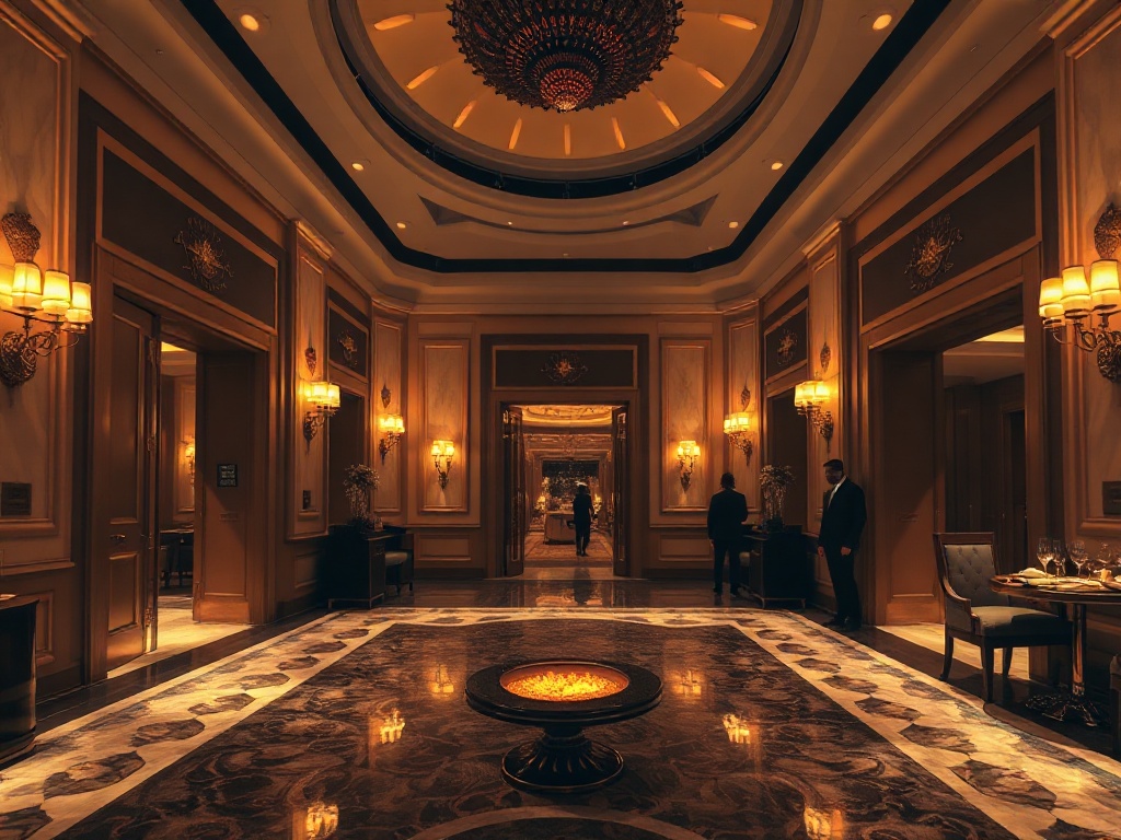 "Luxurious casino hotel lobby with elegant suite doorways, warm candlelight, serene spa steam glow, gourmet healthy plated cuisine, subtle golden ambience, guests arriving."  

You MUST not include ANY brand images or logos. You may ONLY reply with the fo