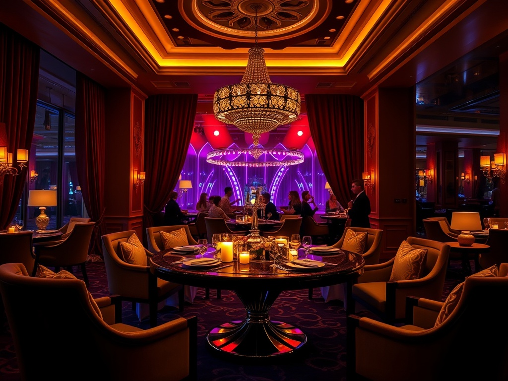 "Opulent casino hotel interior at night
